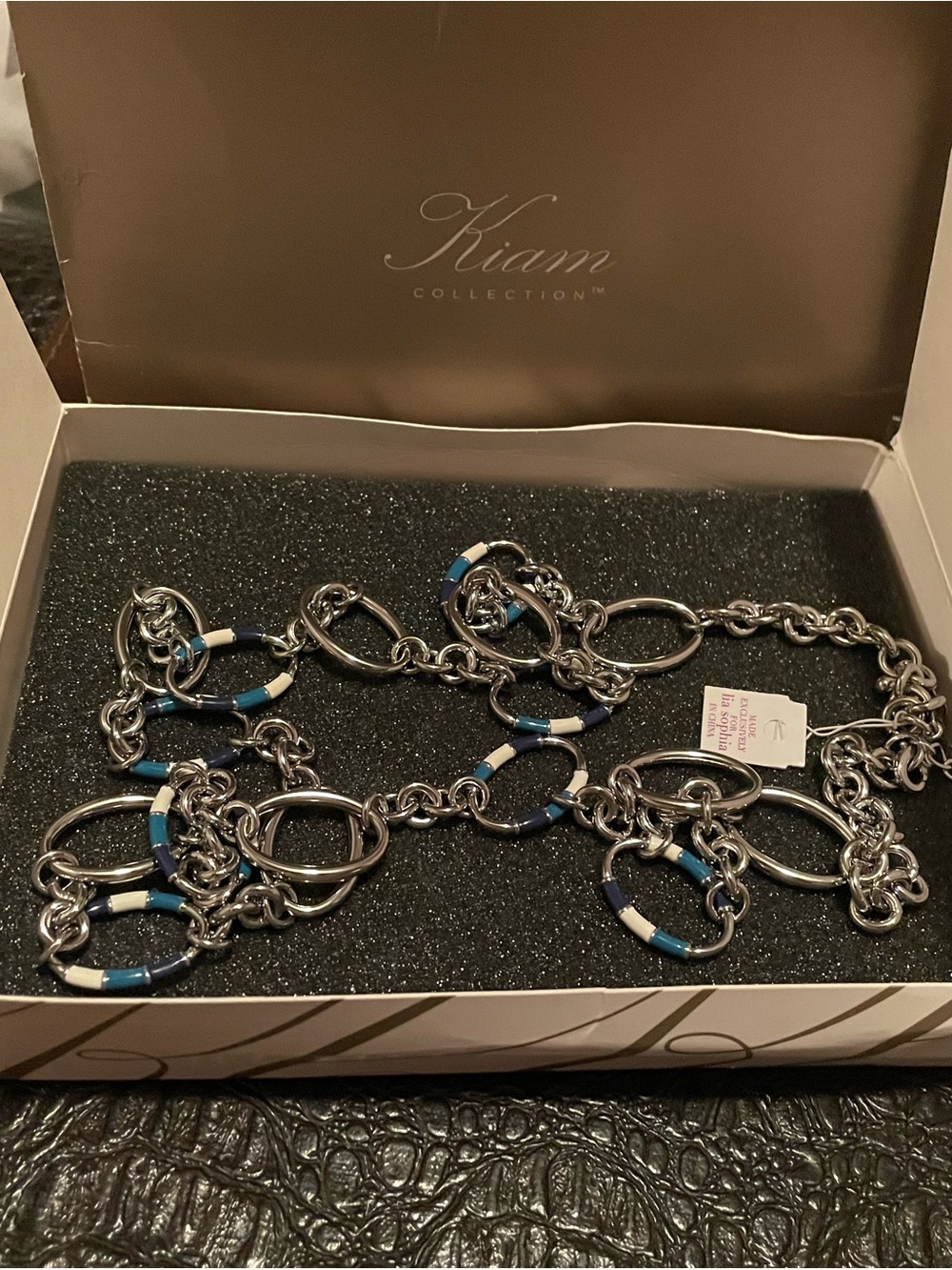 Lia Sophia 17-20” Silver-Tone Link Necklace with Blue and White Accents